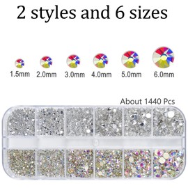 Nail Art Rhinestones Kit 1500pcs Nail Gems Ab Flatback Rhinestones Gems Stones, with Storage Organizer Box/Wax Pencil/Tweezers 6 Sizes (1.5-4.5 mm) for Nail Art Craft