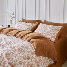 SUSYBAO Botanical Floral Duvet Cover Queen 100% Cotton 3 Pcs Set 1 Decorative Brown Hemmed Flower Duvet Cover with Zipper Ties 2 Pillow Shams French Style Caramel Plant Print Bedding Set Soft