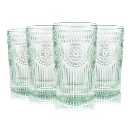CREATIVELAND Colored Vintage Drinking Glasses Set of 4, 11.84 oz Romantic Embossed Water Glasses, Colored Tumblers Tempered Glass for Juice, Beverages, Beer, Cocktail