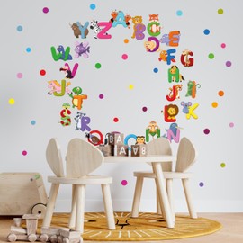 Kids Wall Decals, Alphabet Animal Letters, Peel and Stick Nursery Wall Sticker, Removable Vinyl Kids Decal, Rainbow Polka Dots, Educational Classroom Décor, Alphabet Wall Art for Baby Room, Preschool