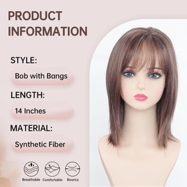 XIUFAXIRUSI XIUFAXIRUSI Short Straight Bob Wigs for White Women Highlight Brown Layered Wig with Air Bangs Shoulder Length Natural Synthetic Hair Wig (14 Inch)