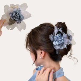 Flower Hair Clip Lace Edged Claw Clip for Women and Girls Rose and Camellia Design Non Slip Hair Accessories for Thick Hair Cute Hair Claw Clips (Dark Blue)