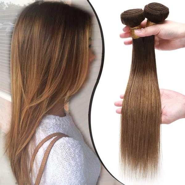 Elailite 20" 100% Human Hair Extensions Straight No Clip In Remy Human Hair Extensions Ombre 4/30 Medium Brown/Light Brown