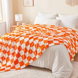 BEDELITE Checkered Throw Blanket Queen Size for Couch and Bed, Luxurious Fleece Blanket with Checkerboard Grid Home Decor, Soft Cozy Orange and White Warm Blankets for Spring, 90"x90"
