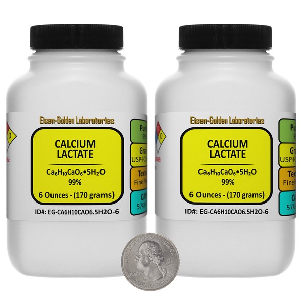 Calcium Lactate [C6H10CaO6.5H2O] 99% USP-FCC Food Grade Powder 12 Oz in Two Bottles USA