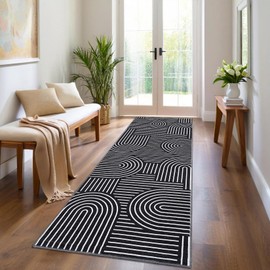 ROYHOME Modern Rug 2.5x8 Runners for Hallways, Abstract Kitchen Runner Rugs Non Slip Bath Runners, Rainbow Washable Runner Rug for Bedroom, Soft Long Rugs for Entryway Bathroom Laundry Dorm, Black