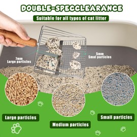 Cat Litter Scoop, Metal litter scooper with holder,Cat Scooper for Litter Box, Heavy Duty Kitty Litter Sifter, Stainless Steel Cat Litter Shovel with Comfortable Beech Wood Grip and Washable Stand