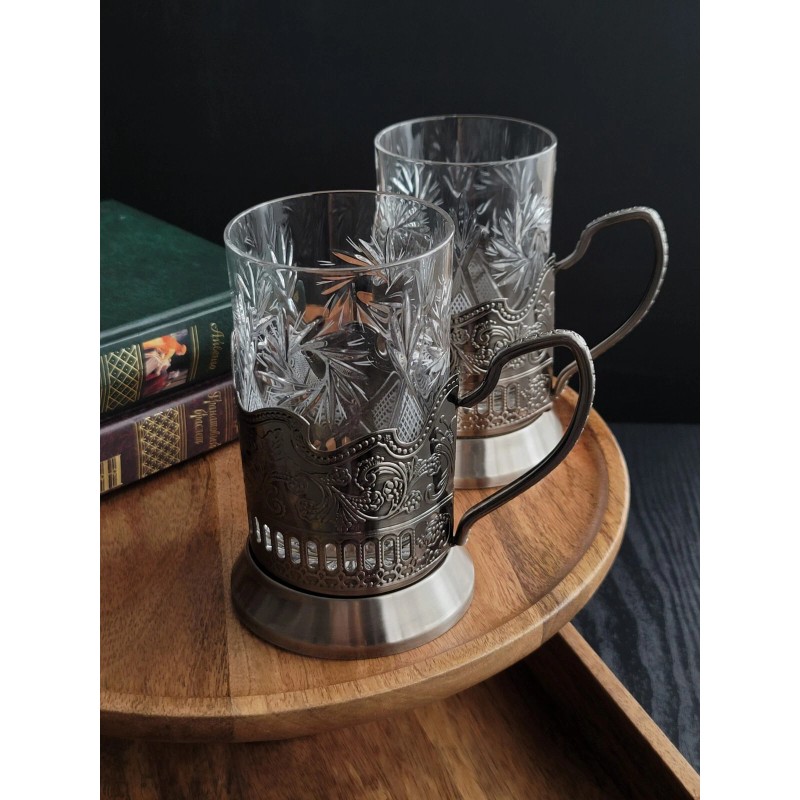 Neman Russian Vintage Crystal Tea Glass 8.5oz with Metal Holder