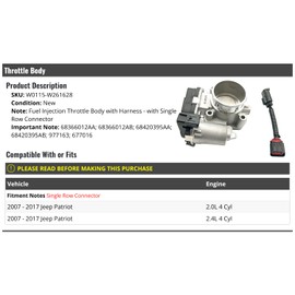 Throttle Body - Compatible with 2007-2017 Jeep Patriot 2.0L 2.4L 4-Cylinder (with Single Row Connector)