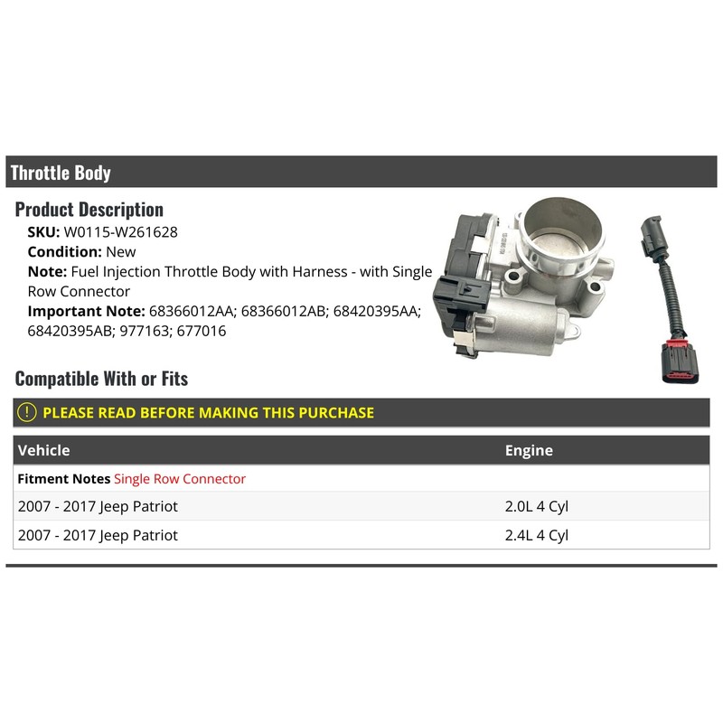Throttle Body - Compatible with 2007-2017 Jeep Patriot 2.0L 2.4L