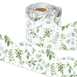 AnyDesign 65Ft Greenery Bulletin Borders Watercolor Eucalyptus Leaf Decorative Trim Border Green Leaves Board Trim for School Wall Blackboard Classroom DIY Crafts, 1 Roll