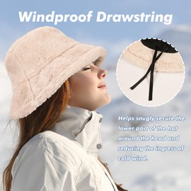 JUPSK Winter Warm Furry Bucket Hat, Faux Fur Hat Women's Fisherman Cap with Windproof Strap, Soft Plush Fluffy Hat Comfortable and Cozy Winter Accessory Beige