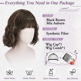 BARSDAR Kurze Gewellt Bob Perücke mit Pony, Kurze Lockige Welle Perücke Texturierte French Bob Perücken mit Pony für Frauen Synthetische Natürlich Haar Perücken Party - Braun Mix Auburn Highlights