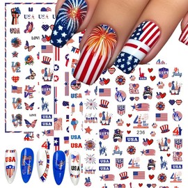 6PCS 4th of July Nail Art Stickers Independence Day Nail Decals American Flags Heart Star Firework 3D Self-Adhesive USA Patriotic Nail Stickers Nail Designs for Women Memorial Day Nails Decorations