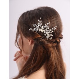 Teyglen Bridal Crystal Hair Comb Silver Rhinestone Pearl Wedding Hair Comb Hair Accessories for Bride Wedding Headpiece Boho Crystal Hair Piece for Women Girls (Silver)