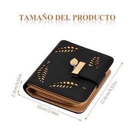 Mujer Cartera de PU Cuero, Cartera Para Mujer de Piel, Pequeña Cartera Corta Plegable, Billetera Gran Capacidad Con Cremallera, Minimalista con Hoja Adorno, Regalo Para Chicas y Mujeres, Negro