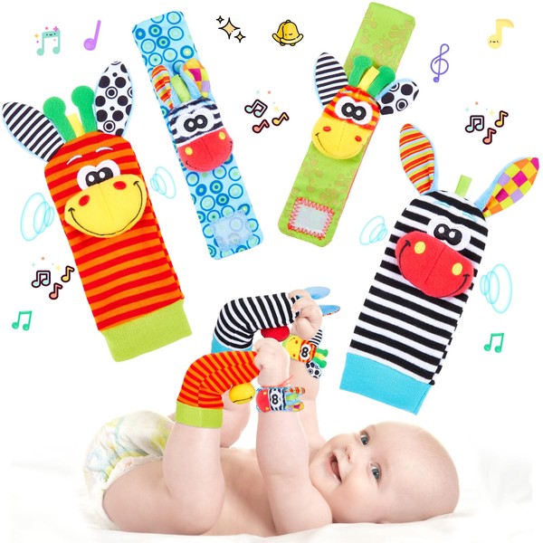 Pizoos Baby Rattle Socks Sensory Toys & Playmate for Babies, Early Development & Activity Toy Baby Wrist and Ankle Rattles 4PCS for Newborn Boy Girl 0-12 Months (Red Donkey Set)