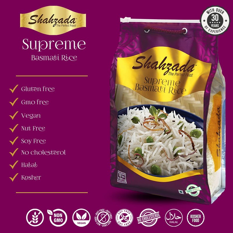 Shahzada Supreme Basmati Rice 10 Lbs – Extra Long Grain,