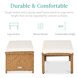 Best Choice Products Set of 2 Wicker Ottomans, Multipurpose Outdoor Furniture for Patio, Backyard, Additional Seating, Footrest, Side Table w/Removable Cushions, Steel Frame - Ivory/Natural