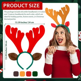 Riceshoot 60 Pcs Christmas Reindeer Antlers Headband Deer Headpiece with Ears for Adult Women Xmas Costume Party Favors(Red, Green, Brown, Khaki)