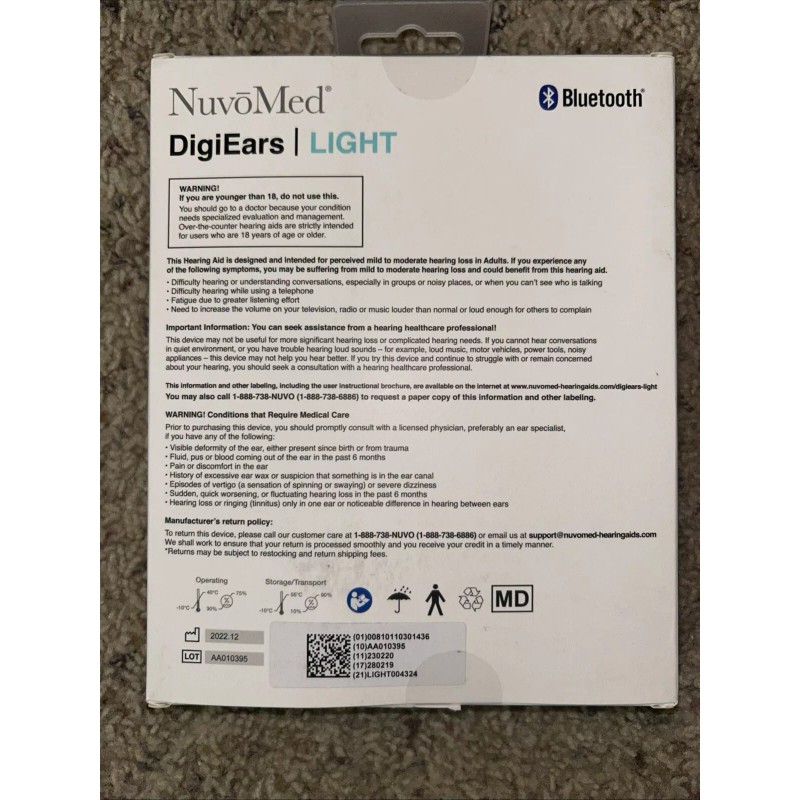 NuvoMed DigiEars Light Bluetooth Neckband Hearing Aid Sealed