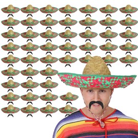 Mexican Sombrero and Tash Costume Set - Pack of 1 - Green Sombrero Straw Hat and Black Mexican Moustache - Mexico Party Fancy Dress Costume Accessory Set