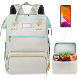 Lunch Backpack 15.6 Inch USB Port Stylish Work Bag with Insulated Cooler for Women Men/Travel Grey Blue - Color: Blue Grey, Size: 15.6 inch