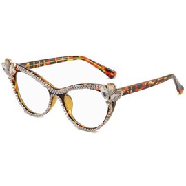 bullabulling Bling Rhinestones Cat Eye Reading Glasses Crystal Diamond Frame Eyewear Blue Light Blocking (demi, 2.0)