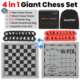 Giant 4 in 1 Chess Set,Jumbo Chess & Giant Checkers & Large Tic Tac Toe, Giant Chess Board Game for Kids Adults,Including 2 Extra Queen,Large Checkers Rug Game Mat, Indoor Outdoor Games Camping Party