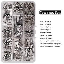 INSPIRELLE 100 Sets Assorted Size Rhodium Ends for Ribbon Bracelet Bookmark Making Crimps Kit with Lobster Clasps and Chain Extenders
