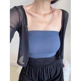 §SEYIXU See-Through Cardigan, Women's, Sheer, Mesh, See-through, Shawl, Short Length, Body-Cover, Summer, Thin, Sunshade, Korean Fashion, UV Protection, Type A - Black