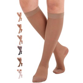 ABSOLUTE SUPPORT Made in USA Sheer Compression Socks for Women 15-20 mmHg - Support Hose Knee High Stockings, Beige, XX-Large