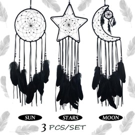 3PCS/LOT Star Moon Sun Shape Dream Catcher Home Decoration, and Baby Kids Room Accessory - Dream Catcher with Feather Decoration - Unique Home Craft Wall Pendant (Black)