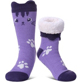 FNOVCO Cat Socks Fuzzy Slipper Socks for Women with Grippers, Cozy Warm Sherpa Lined Slipper Socks (Purple, 5-9)