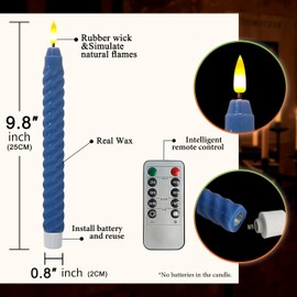FCMSHAMD Dark Blue Spiral Flameless Taper Candles, 9.8 Inch Flickering Candles with Remote and Timer, Real Wax Candlesticks LED Battery Operated 3D Wick for Wedding Party Home Decor, 6PCS