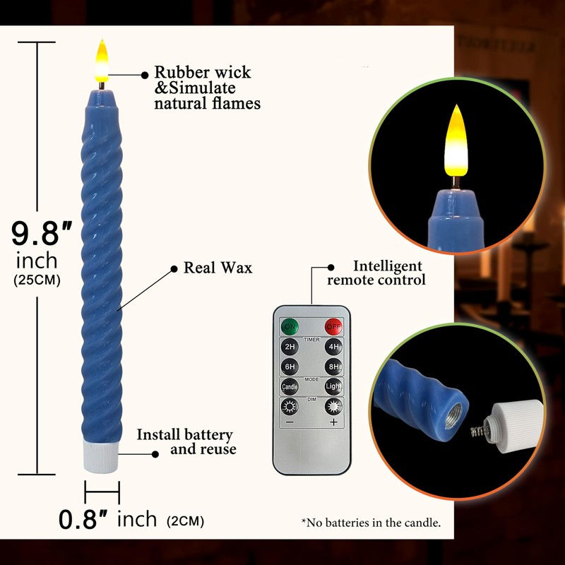 FCMSHAMD Dark Blue Spiral Flameless Taper Candles, 9.8 Inch Flickering