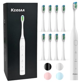 keosaa Sonic Electric Toothbrush High-Efficiency Cleaning with Dupont Nylon Bristles, IPX7 Waterproof, 60 Days Battery Life with 8 Brush Heads for Adults and Kids(White)