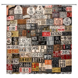 Jingjiji Car Shower Curtain Old License Plate Rusty Metal Sign Retro American Truck Poster Garage Antique Country Farm Bathroom Decoration Curtains Polyester Fabric Waterproof with Hook 70 x 70 Inch