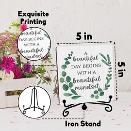 Inspirational Office Wooden Sign With Stand, A Beautiful Day Begins with A Beautiful Mindset Desktop Decoration, Positive Gifts For Women Men Friends Colleagues, Rustic Home Office Desk Decor -10