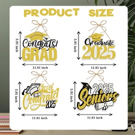 4 Pieces Class of 2025 Graduation Hanging Ornaments, Golden Congrats Grad Banner Graduation Cap Paper Signs for Front Door 2025 Grad Party Supplies