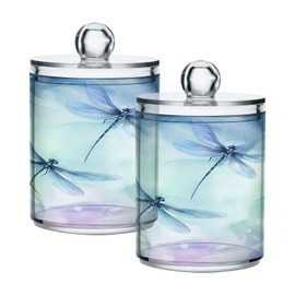 SDMKA 2 Pack Apothecary Jars Bathroom Watercolor Dragonflies Qtip Holder Dispenser Clear Plastic Storage Canister Jar with Lid for Cotton Ball, Cotton Swab