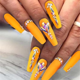 Uranian Coffin Extra Long Press on Nails Orange Matte Fake Nails with Design Luxury 3D Rhinestone Ballerina Full Cover False Nails Acrylic Nails Tips for Women and Girls (24pcs) (Orange)