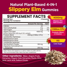 Slippery Elm for Women Gummies, Organic Slippery Elm Bark Extract with Probiotics, Sea Buckthorn, L-Glutamine for Gut & Digestive Health, Throat & Respiratory Support, Sugar Free, Vegan, 60 Gummies