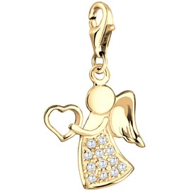 Nenalina Angel with Heart Charm Gold-Plated 925 Sterling Silver for Women, Lucky Charm with Crystals, fits All Standard Charm Bracelets and Charm Necklaces, Colour Gold, 0403971319