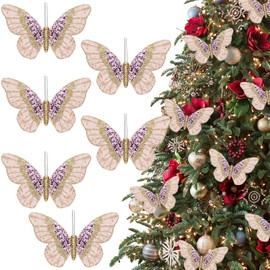 6Pcs Artificial Velvet Glitter Butterflies Clip-On Christmas Decorative Ornaments for Xmas Tree Decoration Crafts Wreath Festive Holiday Wedding Party Home Decor, 5.9 x 3.15 Inch (6, Pink)