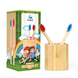 Isshah Kids Bamboo Toothbrushes Plant-Based Bristles Eco-Friendly Compostable Natural Toothbrushes 2 Count with Bamboo Toothbrush Cups Set