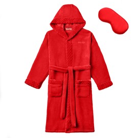 MGEOY Girls Flannel Robe Soft Hooded Terry Coth Robes for Kids With Silk Eye Sleep Mask Red 13-15