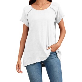 Famulily Womens Plus Size T-Shirt Raw Hem Summer Tops Basic Solid Color Linen Tunic Blouse White XXL