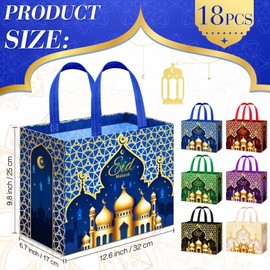 Yoojahow 18 Pcs Eid Mubarak Gift Bags with Handles 12.6 x 9.8 x 6.7 Inch Large Reusable Ramadan Tote Bags Eid Mubarak Non-Woven Treat Goodie for Gifts Wrapping Shopping Ramadan Party Supplies