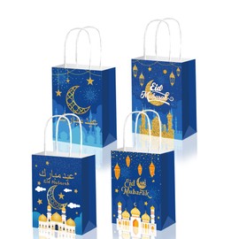CRAWPROP 12PCS Blue Eid Mubarak Party Paper Bags Candy Gift Bags Paper Gift Bags Muslim Ramadan Party Supplies Wedding Eid Party Favors